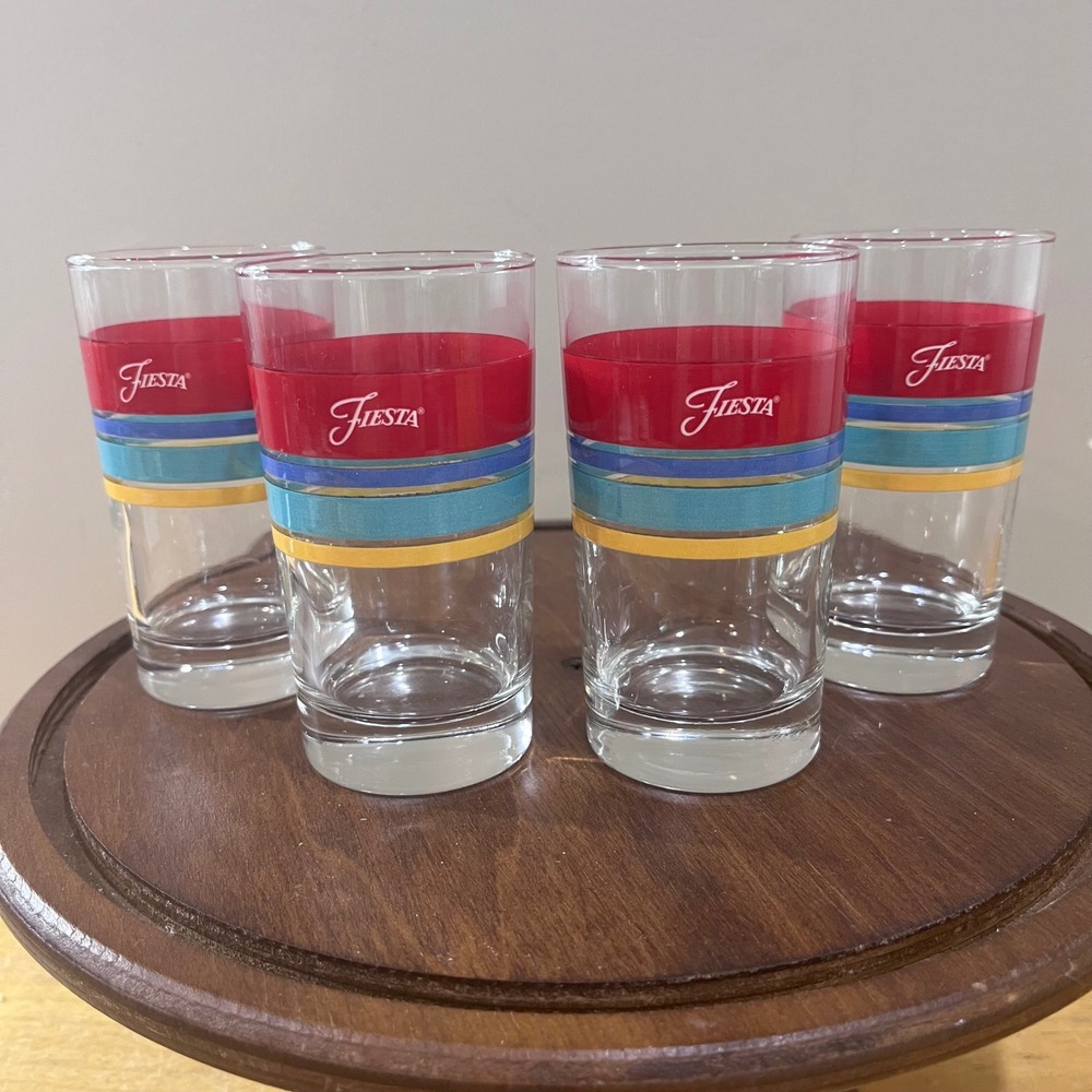 Vtg Fiesta Juice Glasses Set of 4 Red Blue Yellow‎ Striped Retro Tumblers 4.5"